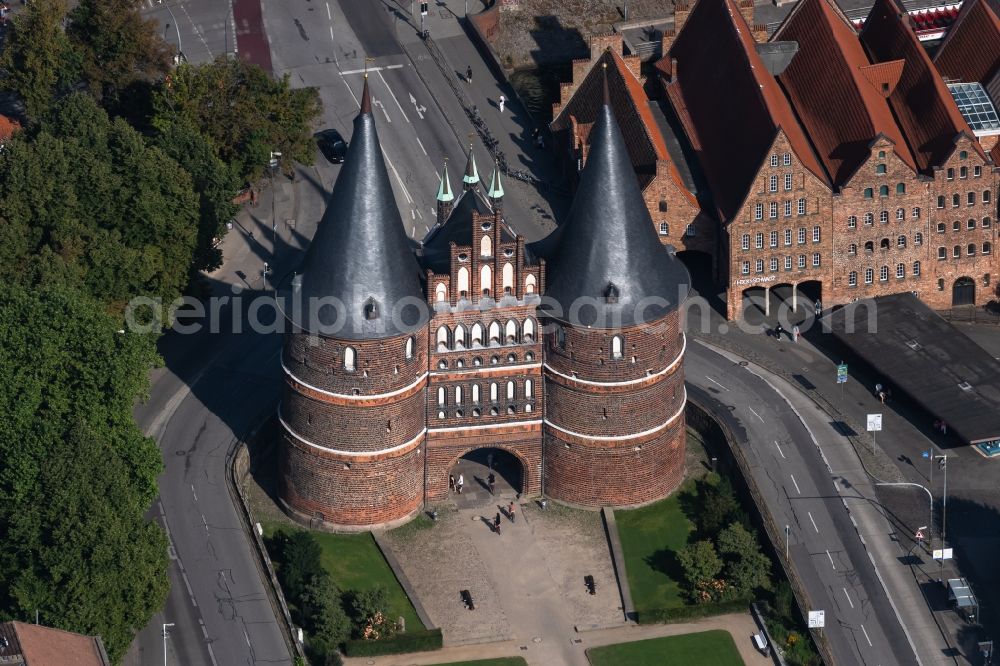 Lübeck from above - Museum building complex Museum Holstentor on Holstentor place in Luebeck in Schleswig-Holstein, Germany