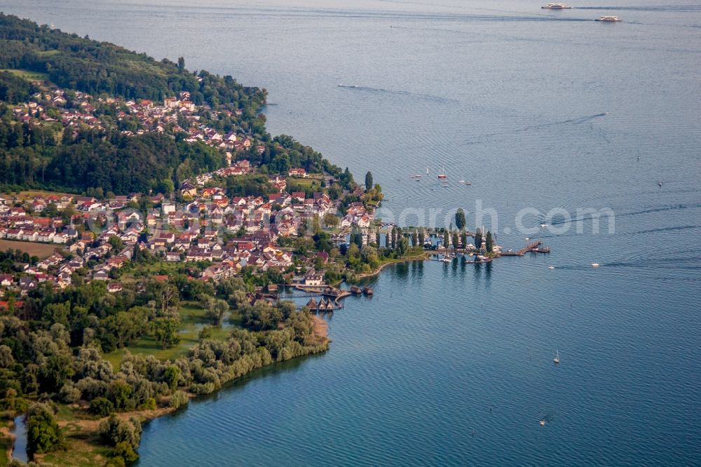 Aerial image Uhldingen-Mühlhofen - Museum building ensemble Pfahlbauten Unteruhldingen in the lake of Constance in Uhldingen-Muehlhofen in the state Baden-Wurttemberg, Germany