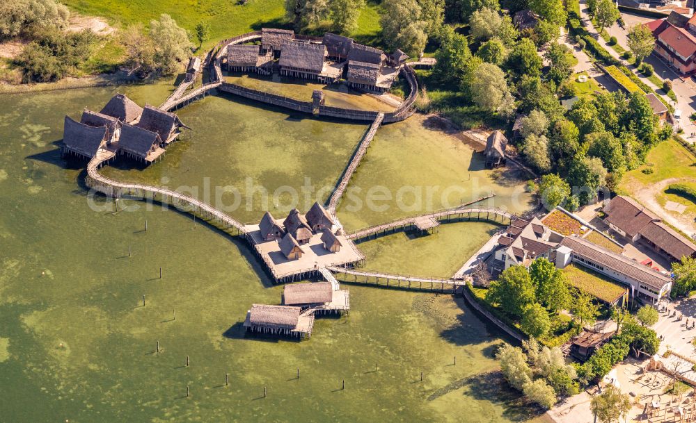 Uhldingen-Mühlhofen from above - Museum building ensemble Pfahlbauten Unteruhldingen in the lake of Constance in Uhldingen-Muehlhofen in the state Baden-Wurttemberg, Germany