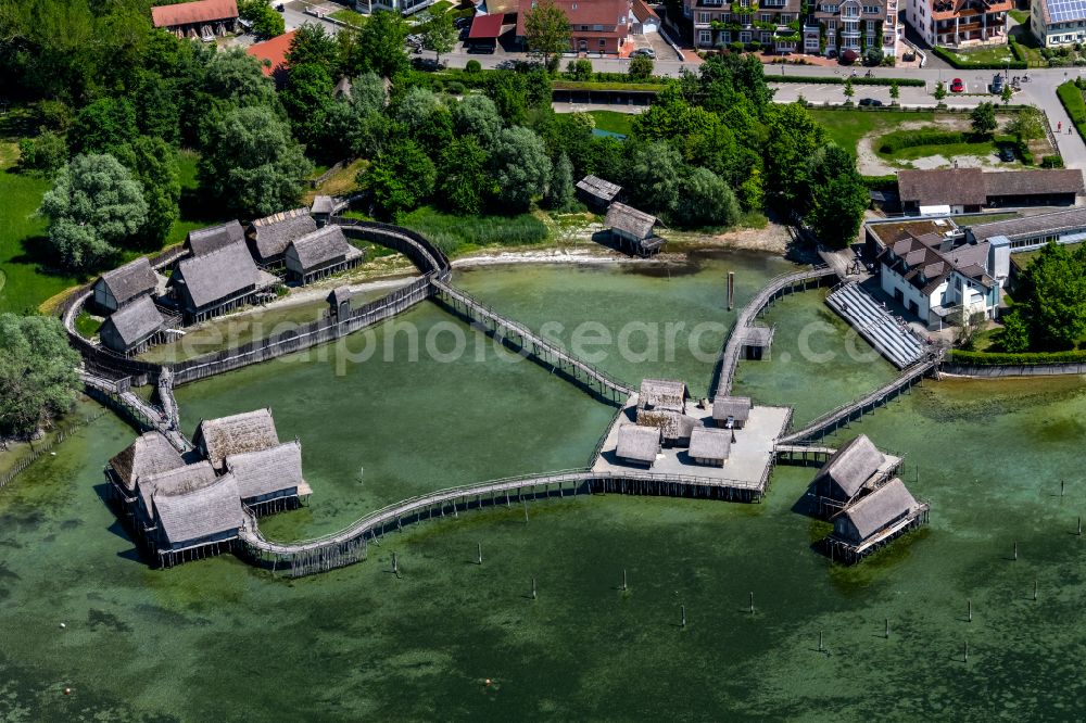 Aerial image Uhldingen-Mühlhofen - Museum building ensemble Pfahlbauten Unteruhldingen in the lake of Constance in Uhldingen-Muehlhofen in the state Baden-Wurttemberg, Germany