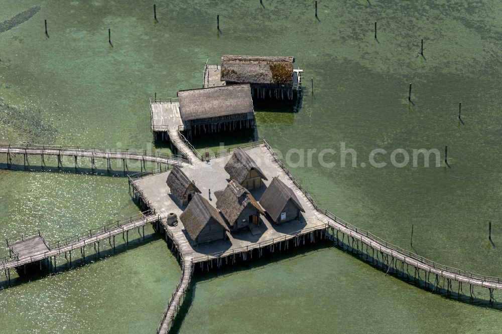 Uhldingen-Mühlhofen from above - Museum building ensemble Pfahlbauten Unteruhldingen in the lake of Constance in Uhldingen-Muehlhofen in the state Baden-Wurttemberg, Germany