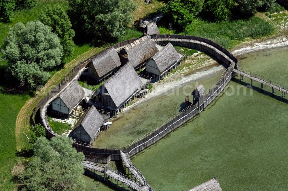 Uhldingen-Mühlhofen from the bird's eye view: Museum building ensemble Pfahlbauten Unteruhldingen in the lake of Constance in Uhldingen-Muehlhofen in the state Baden-Wurttemberg, Germany