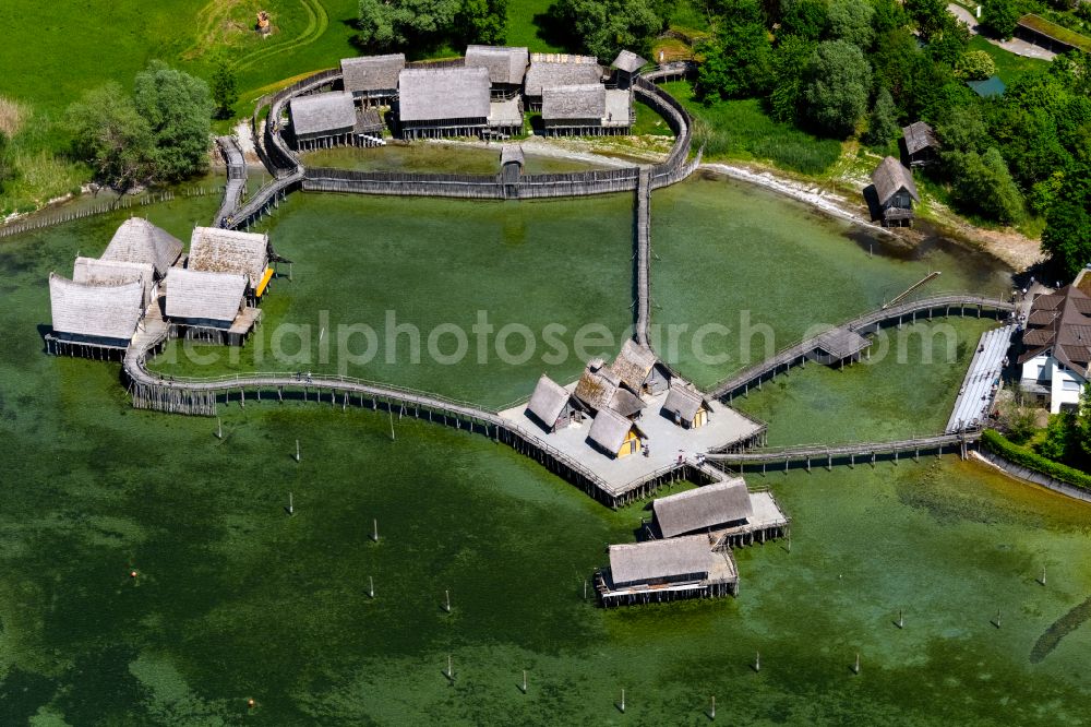 Aerial image Uhldingen-Mühlhofen - Museum building ensemble Pfahlbauten Unteruhldingen in the lake of Constance in Uhldingen-Muehlhofen in the state Baden-Wurttemberg, Germany