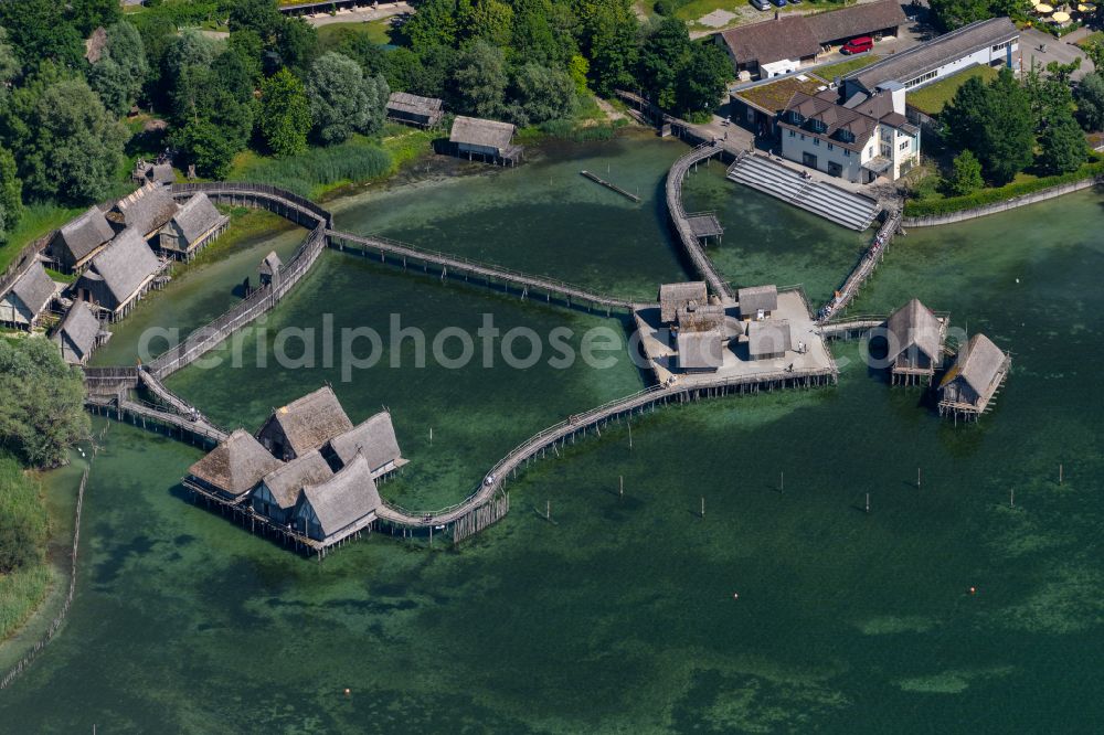 Aerial photograph Uhldingen-Mühlhofen - Museum building ensemble Pfahlbauten Unteruhldingen in the lake of Constance in Uhldingen-Muehlhofen in the state Baden-Wurttemberg, Germany