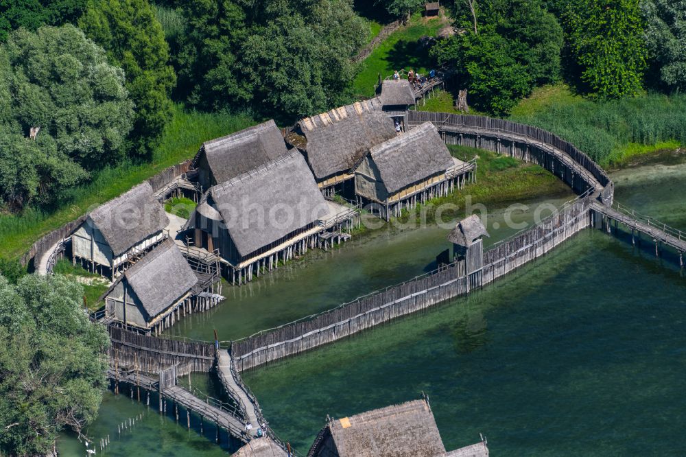 Uhldingen-Mühlhofen from above - Museum building ensemble Pfahlbauten Unteruhldingen in the lake of Constance in Uhldingen-Muehlhofen in the state Baden-Wurttemberg, Germany