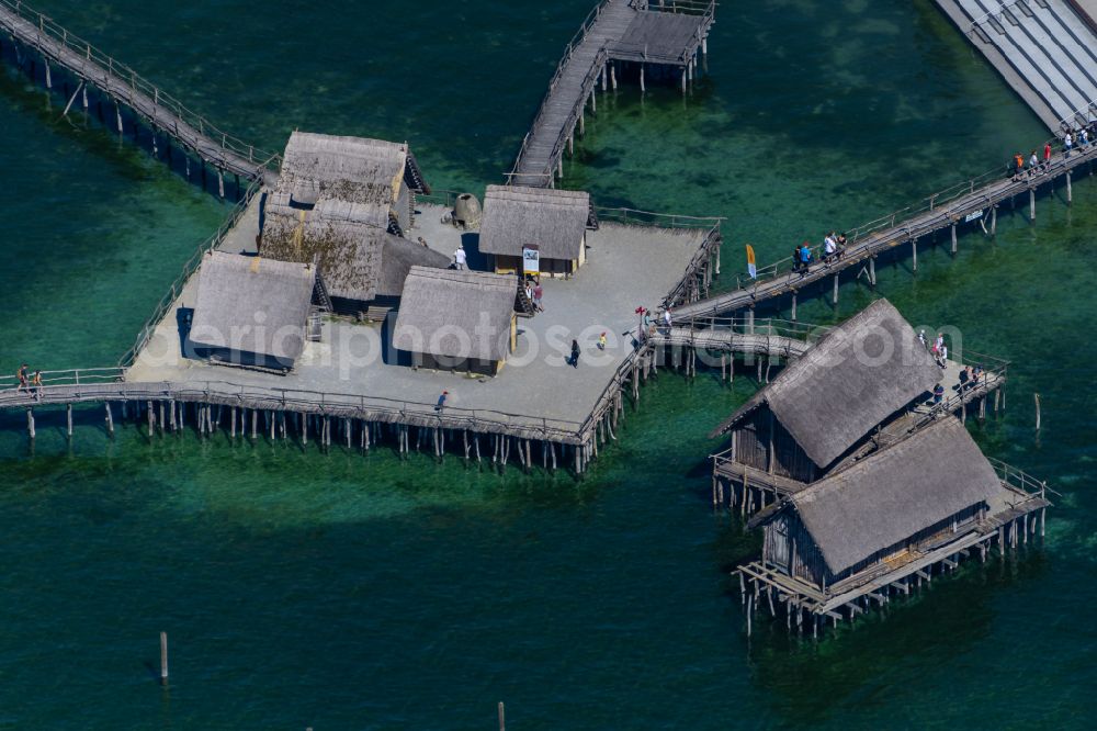 Uhldingen-Mühlhofen from the bird's eye view: Museum building ensemble Pfahlbauten Unteruhldingen in the lake of Constance in Uhldingen-Muehlhofen in the state Baden-Wurttemberg, Germany