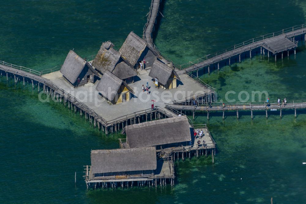 Aerial image Uhldingen-Mühlhofen - Museum building ensemble Pfahlbauten Unteruhldingen in the lake of Constance in Uhldingen-Muehlhofen in the state Baden-Wurttemberg, Germany