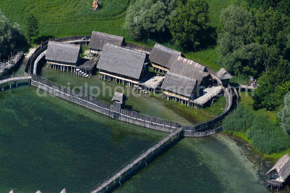 Aerial photograph Uhldingen-Mühlhofen - Museum building ensemble Pfahlbauten Unteruhldingen in the lake of Constance in Uhldingen-Muehlhofen in the state Baden-Wurttemberg, Germany