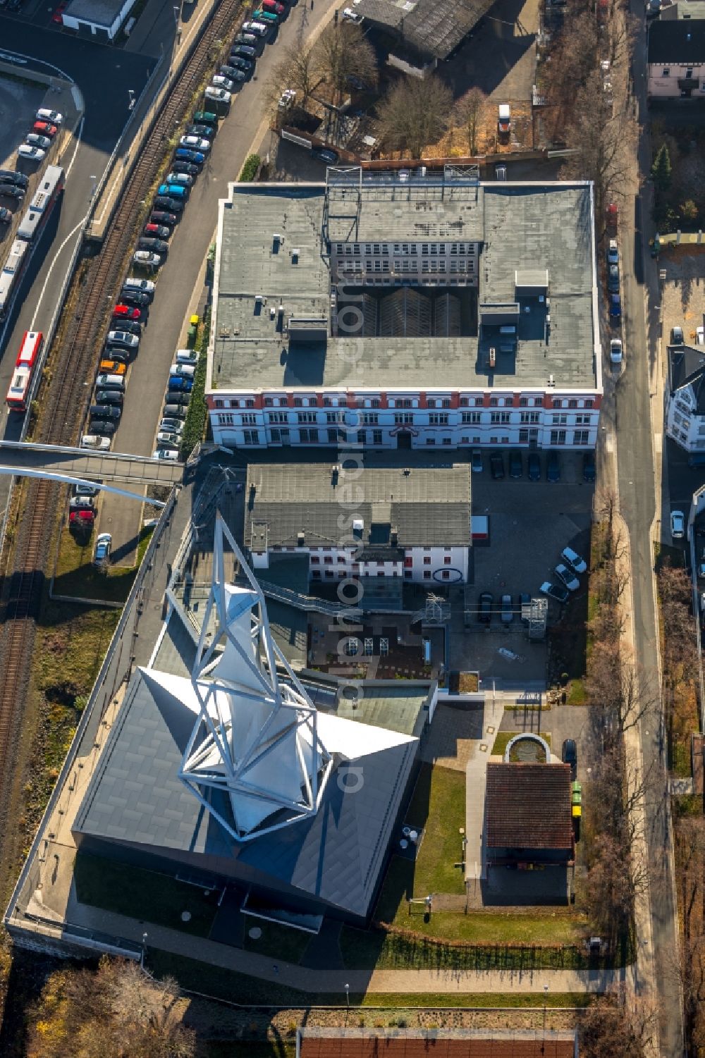 Lüdenscheid from above - Museum building ensemble PHAeNOMENTA Luedenscheid on Phaenomenta-Weg in Luedenscheid in the state North Rhine-Westphalia, Germany