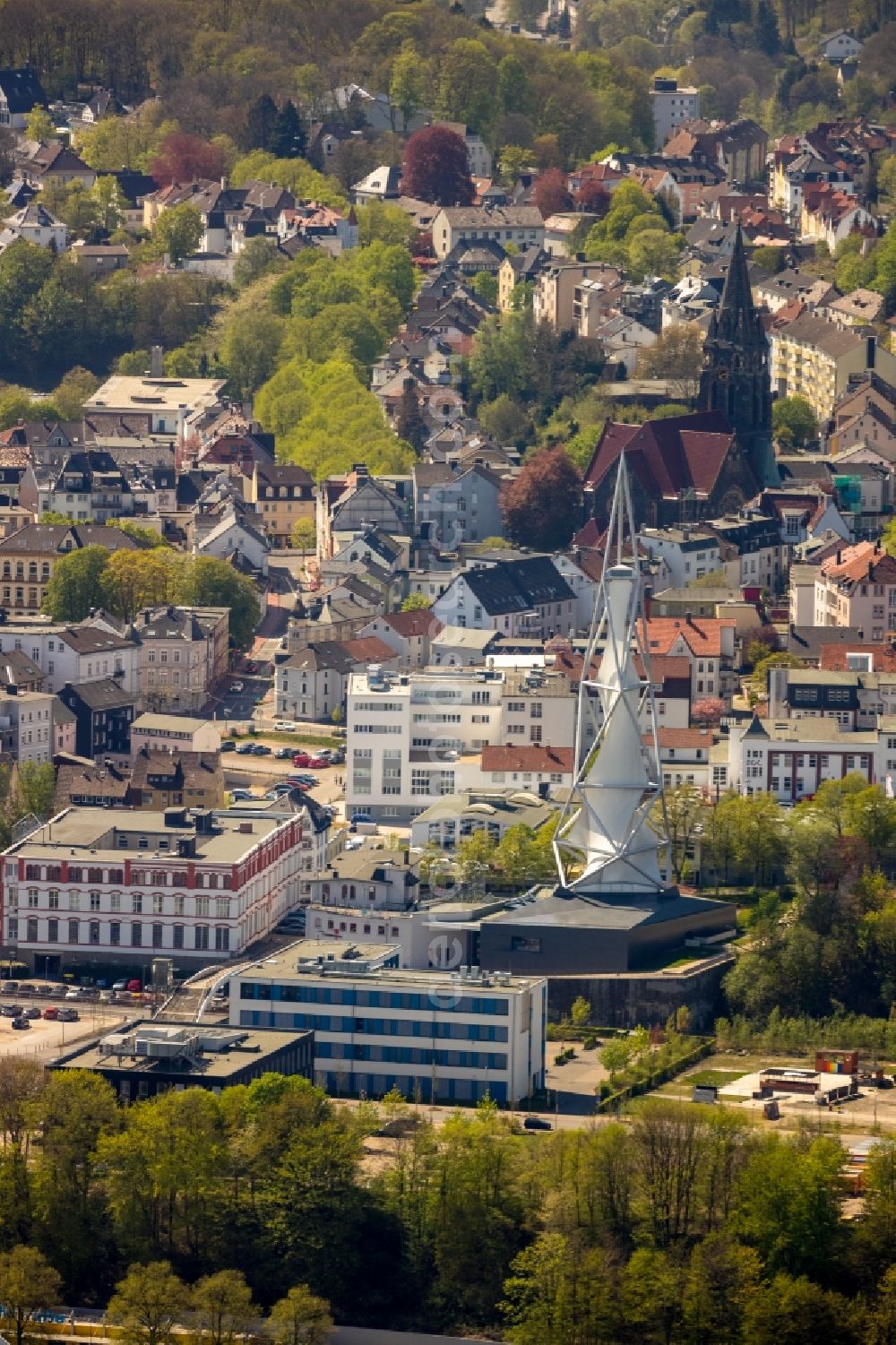 Lüdenscheid from above - Museum building ensemble PHAeNOMENTA Luedenscheid on Phaenomenta-Weg in Luedenscheid in the state North Rhine-Westphalia, Germany