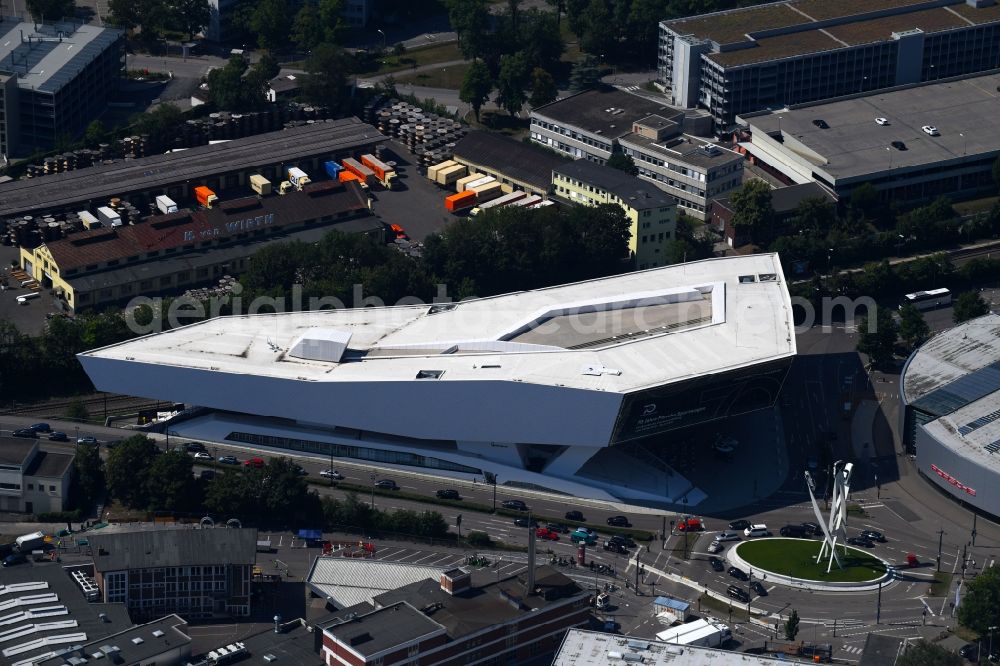 Stuttgart from above - Museum building ensemble Porsche Museum on Porscheplatz in the district Zuffenhausen in Stuttgart in the state Baden-Wurttemberg, Germany