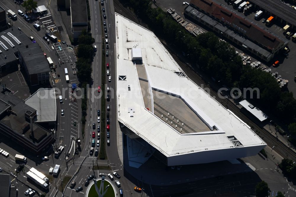 Aerial image Stuttgart - Museum building ensemble Porsche Museum on Porscheplatz in the district Zuffenhausen in Stuttgart in the state Baden-Wurttemberg, Germany