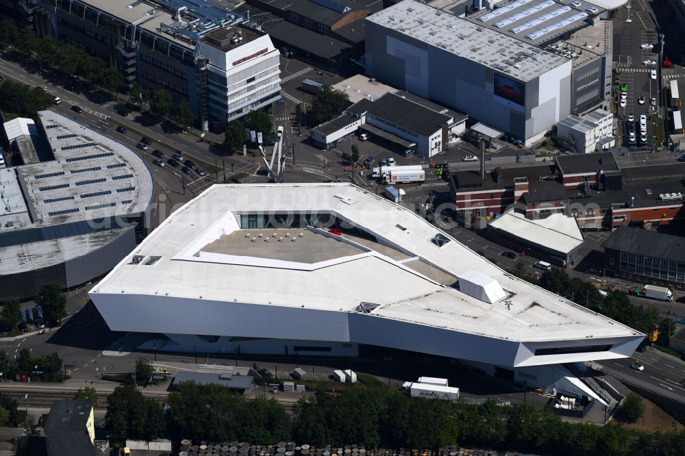 Stuttgart from above - Museum building ensemble Porsche Museum on Porscheplatz in the district Zuffenhausen in Stuttgart in the state Baden-Wurttemberg, Germany