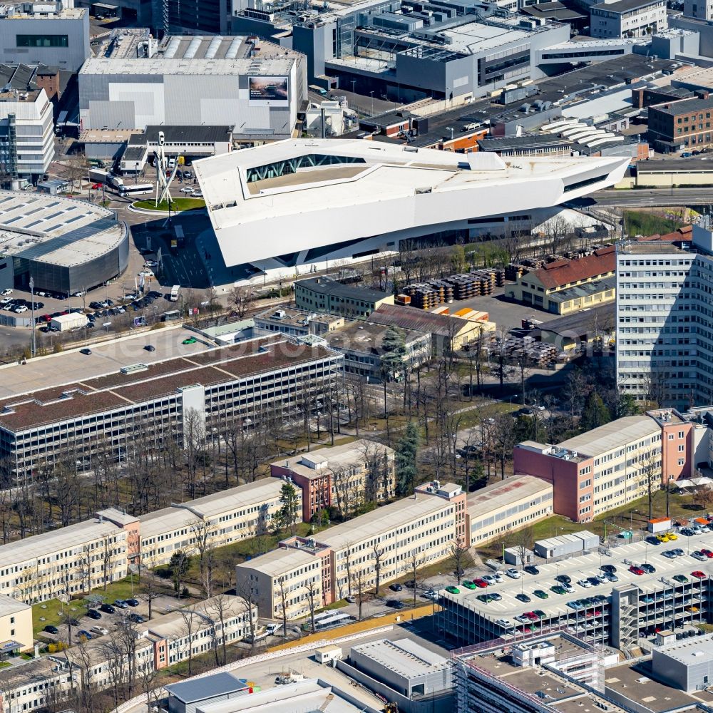 Stuttgart from the bird's eye view: Museum building ensemble Porsche Museum on Porscheplatz in the district Zuffenhausen in Stuttgart in the state Baden-Wurttemberg, Germany