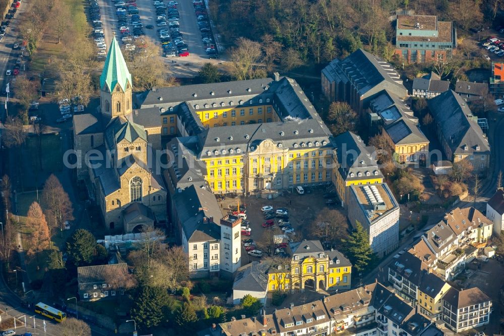 Werden from above - Museum building ensemble Basilika Sankt Ludgerus in Werden at Ruhrgebiet in the state North Rhine-Westphalia, Germany