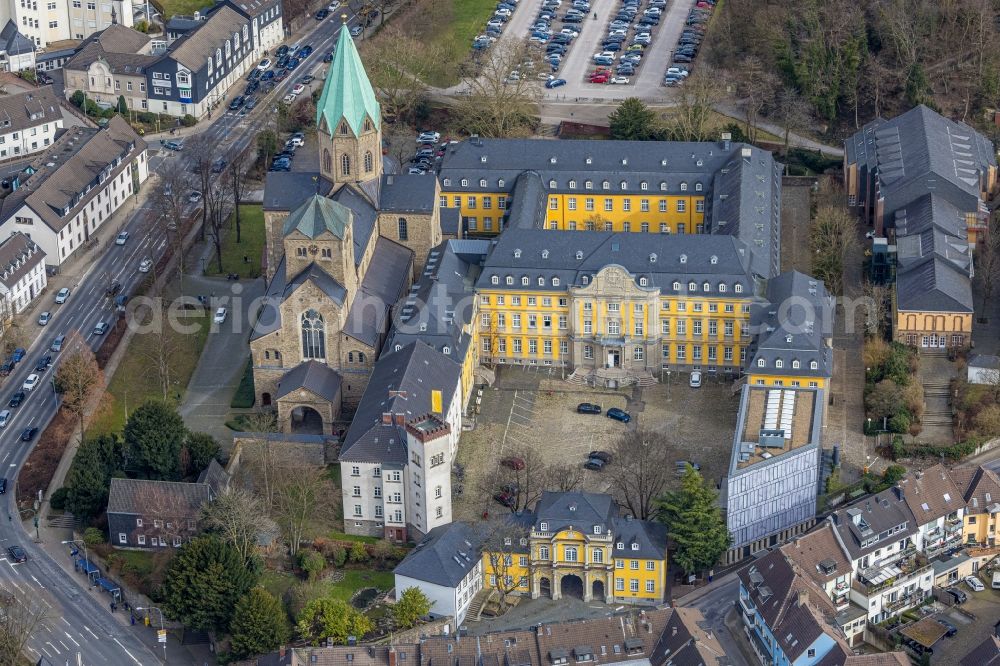 Werden from above - Museum building ensemble Basilika Sankt Ludgerus in Werden at Ruhrgebiet in the state North Rhine-Westphalia, Germany