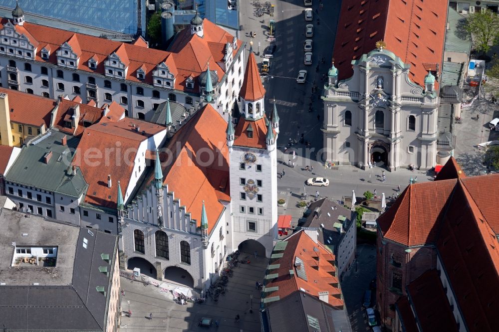 München from above - Museum building ensemble Toy Museum in the old town hall at Marienplatz in the district Altstadt in Munich in the state Bavaria, Germany