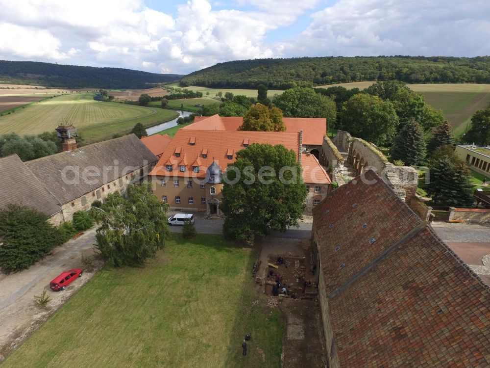 Kaiserpfalz from above - Museum building ensemble Stiftung Kloster and Kaiserpfalz Memleben on Thomas-Muentzer-Strasse in Kaiserpfalz in the state Saxony-Anhalt, Germany