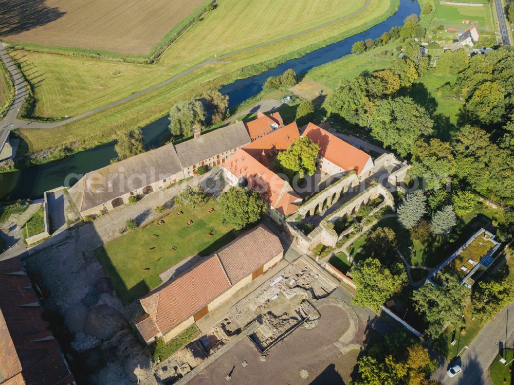 Kaiserpfalz from the bird's eye view: Museum building ensemble Stiftung Kloster and Kaiserpfalz Memleben on Thomas-Muentzer-Strasse in Kaiserpfalz in the state Saxony-Anhalt, Germany