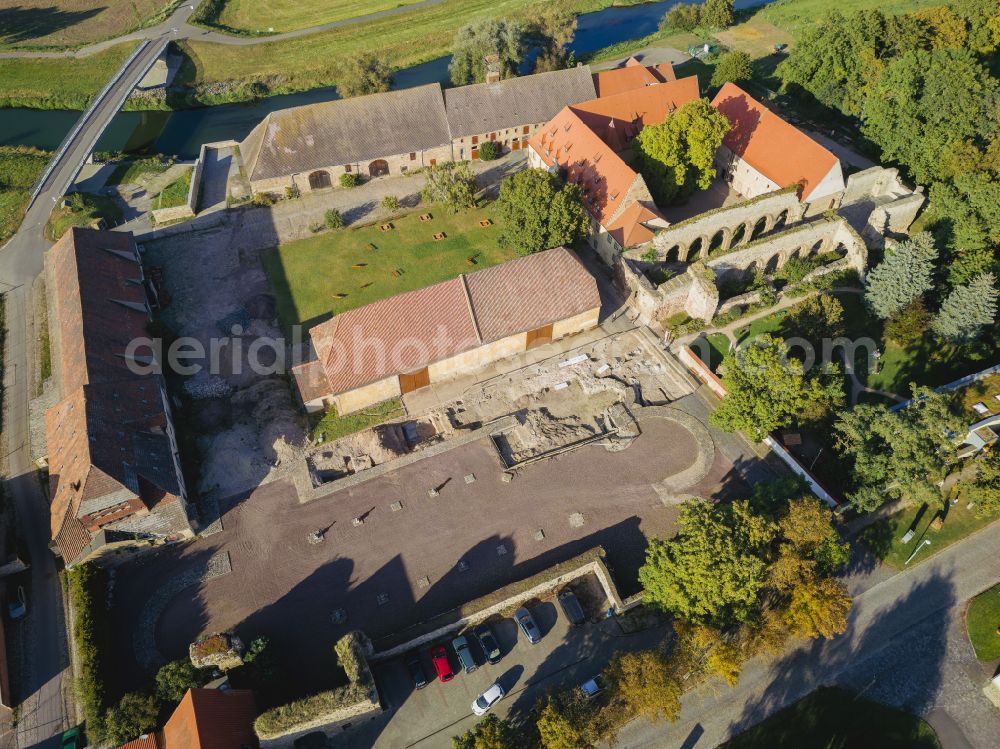 Kaiserpfalz from above - Museum building ensemble Stiftung Kloster and Kaiserpfalz Memleben on Thomas-Muentzer-Strasse in Kaiserpfalz in the state Saxony-Anhalt, Germany