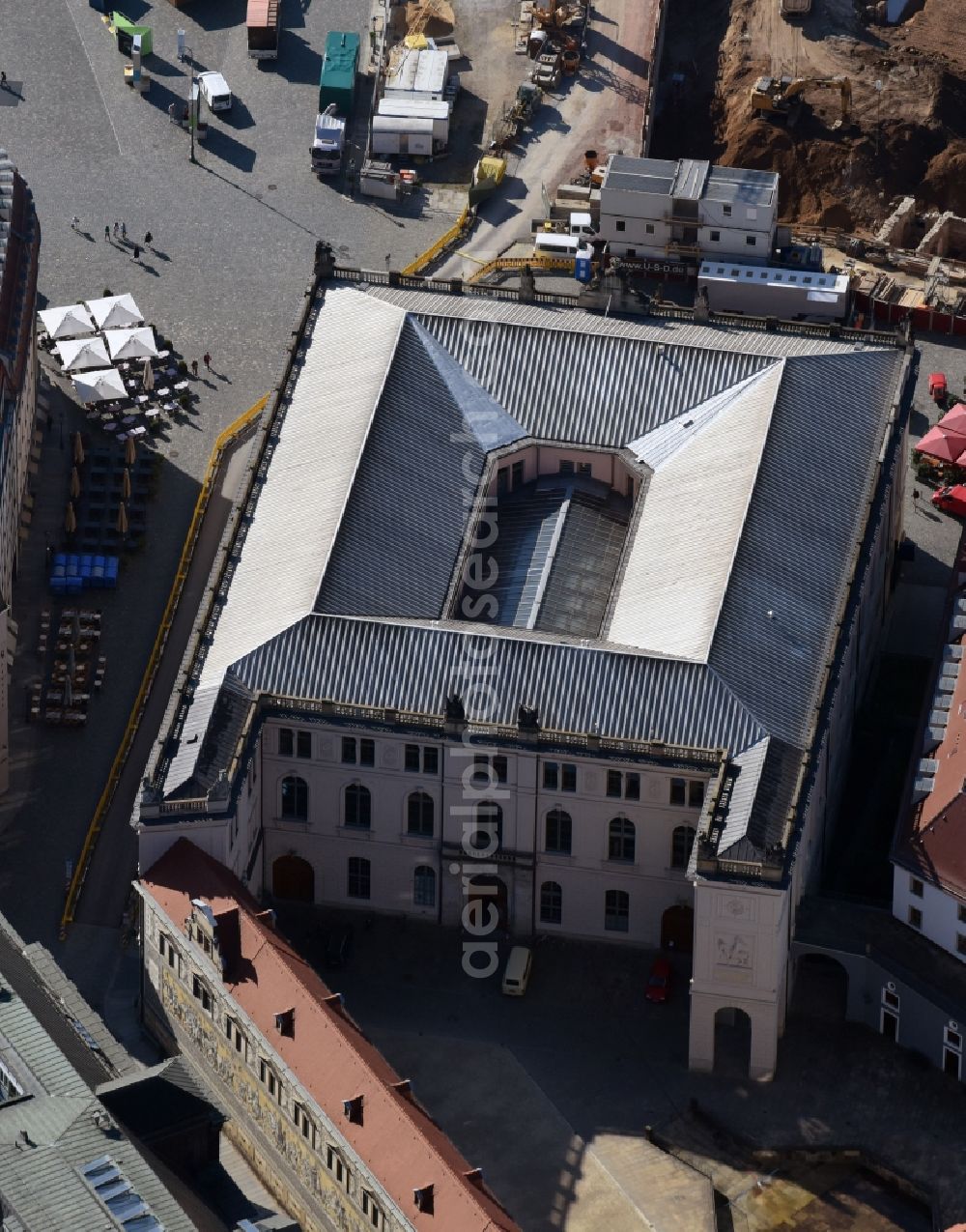 Dresden from above - Museum building ensemble Verkehrsmuseum Dresden in the Augustusstrasse in Dresden in the state Saxony