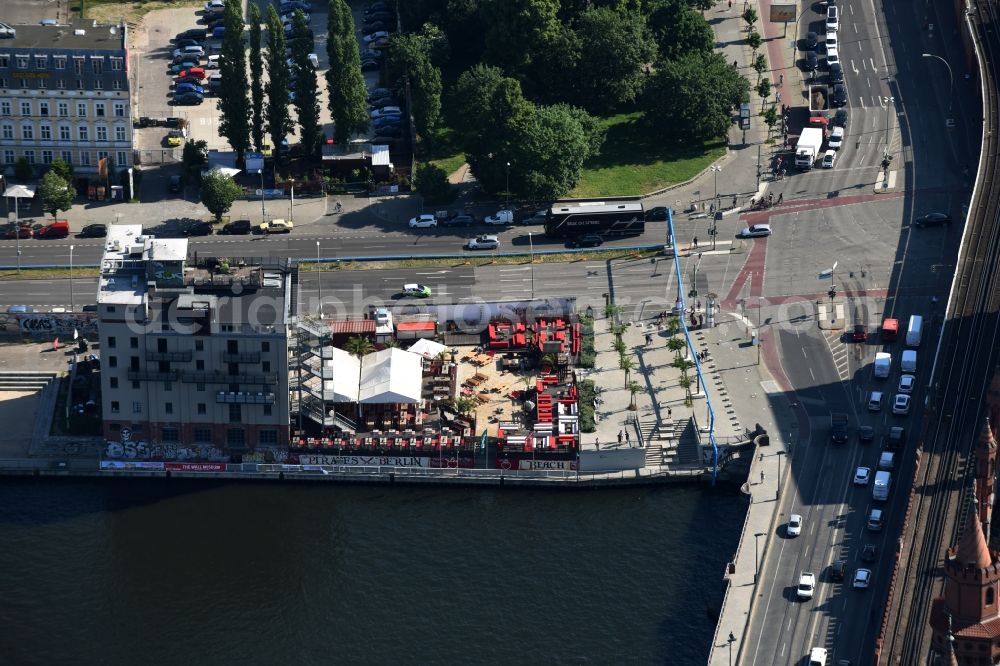 Berlin from the bird's eye view: Museum building ensemble The Wall Museum East Side Gallery at the shore of river Spree in Berlin