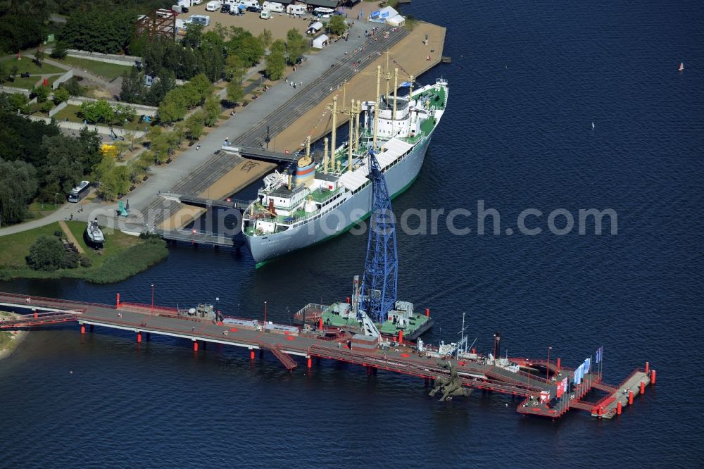 Rostock from above - Museum ship Schiffbau- und Schifffahrtsmuseum in Rostock in the state Mecklenburg - Western Pomerania. Also shown the Foerderverein Jugendschiff LIKEDEELER e.V