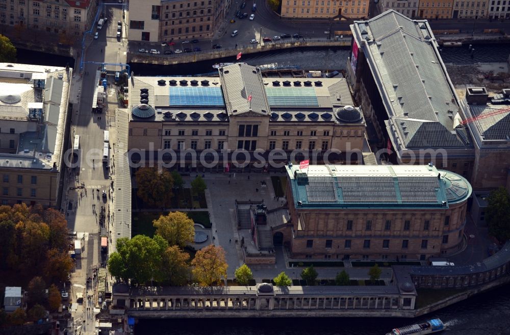 Aerial photograph Berlin - View on the Museum Island in Berlin with the showrooms Old Museum, New Museum, Old National Gallery and Pergamon Museum. As part of its overhaul, refurbishment and development the Pergamonmusuem is expected to receive a fourth wing by 2025. The Museum Island complex is a World Heritage Site by UNESCO