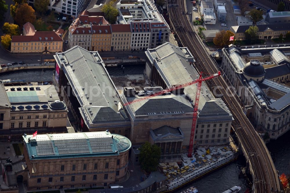 Aerial image Berlin - View of the Museum Island in Berlin with the showrooms New Museum, Old National Gallery, Pergamon Museum and Bode Museum. As part of its overhaul, refurbishment and development the Pergamonmusuem is expected to receive a fourth wing by 2025. The Museum Island complex is a World Heritage Site by UNESCO