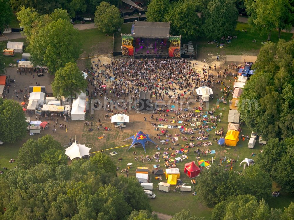 Dortmund from above - Music concert on the outdoor stage des Reggae- Festival im Revierpark Wischlingen in Dortmund in the state North Rhine-Westphalia