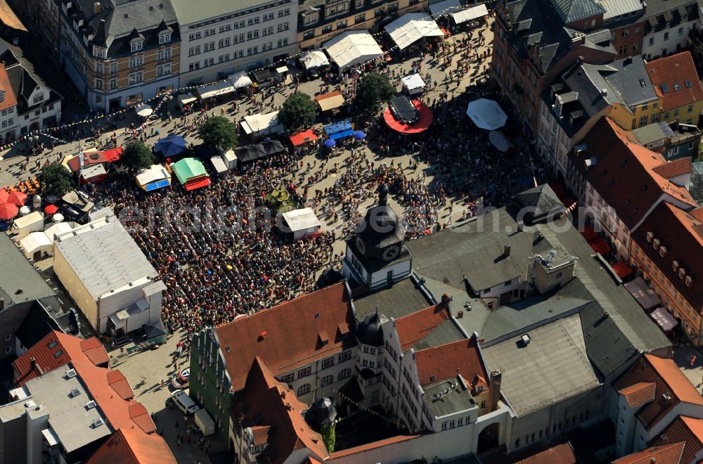 Rudolstadt from above - In the market of Rudolstadt in Thuringia is held annually in the summer music festival TFF Rudolstadt instead. The Dance and Folk Festival is considered important and biggest folk festivals in Europe. One of the key stages of the Open Air Festival is outside the historic town hall