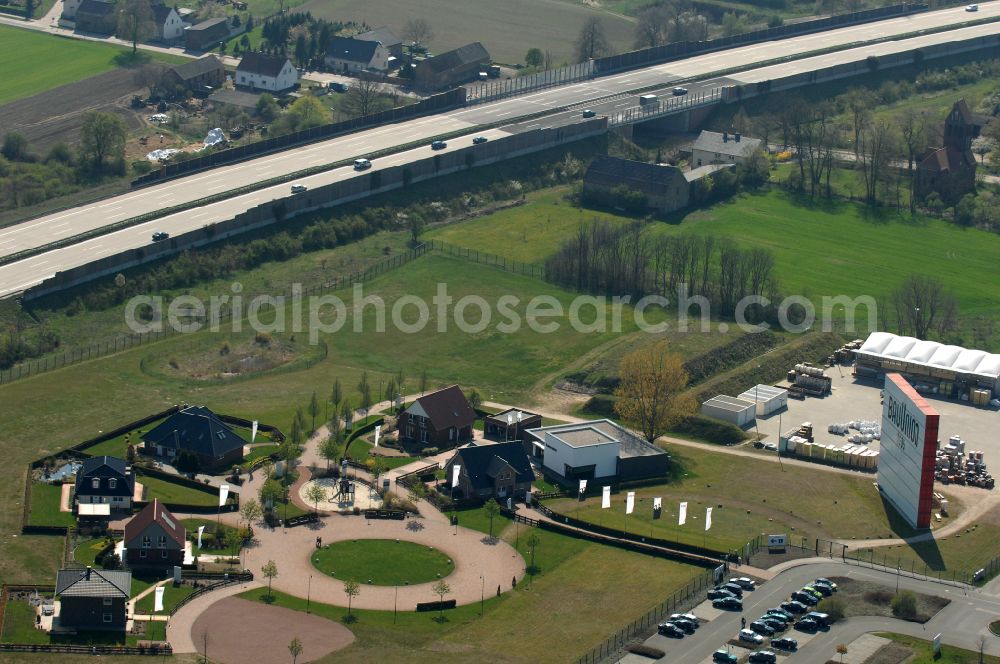 Aerial image Grebs - Residential area model home park- single-family house- settlement on street Am Massivhauspark in Grebs in the state Brandenburg, Germany