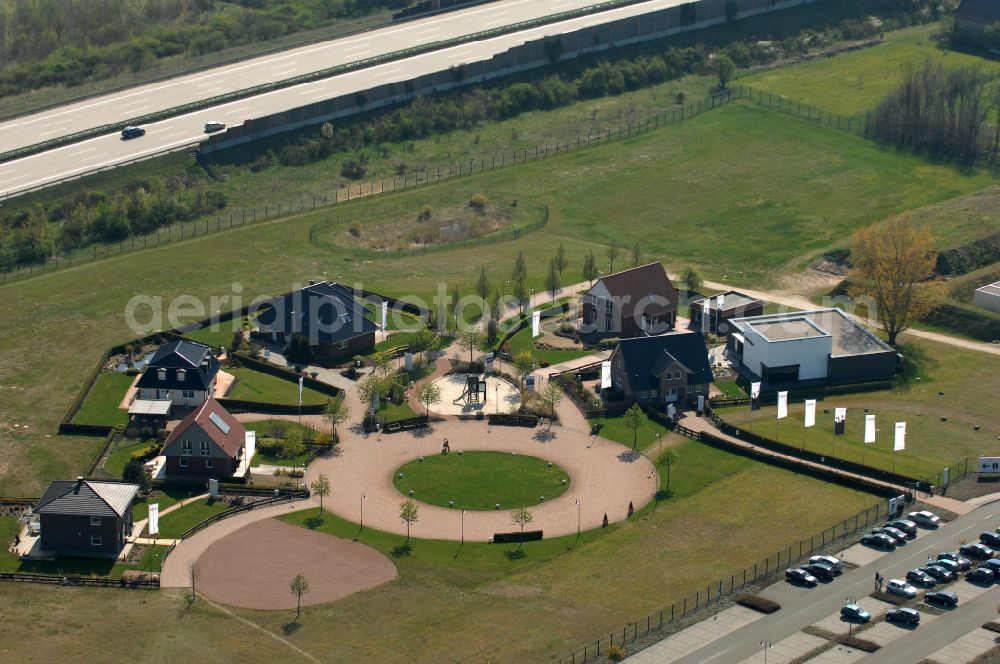 Aerial photograph Grebs - Residential area model home park- single-family house- settlement on street Am Massivhauspark in Grebs in the state Brandenburg, Germany