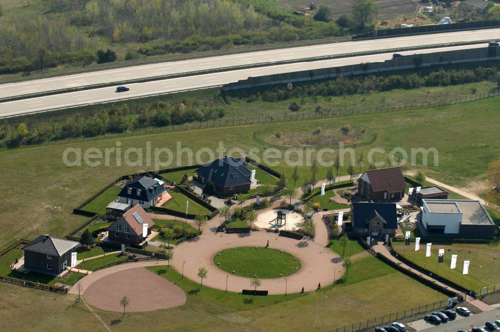 Grebs from above - Residential area model home park- single-family house- settlement on street Am Massivhauspark in Grebs in the state Brandenburg, Germany