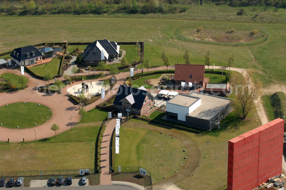 Grebs from above - Residential area model home park- single-family house- settlement on street Am Massivhauspark in Grebs in the state Brandenburg, Germany