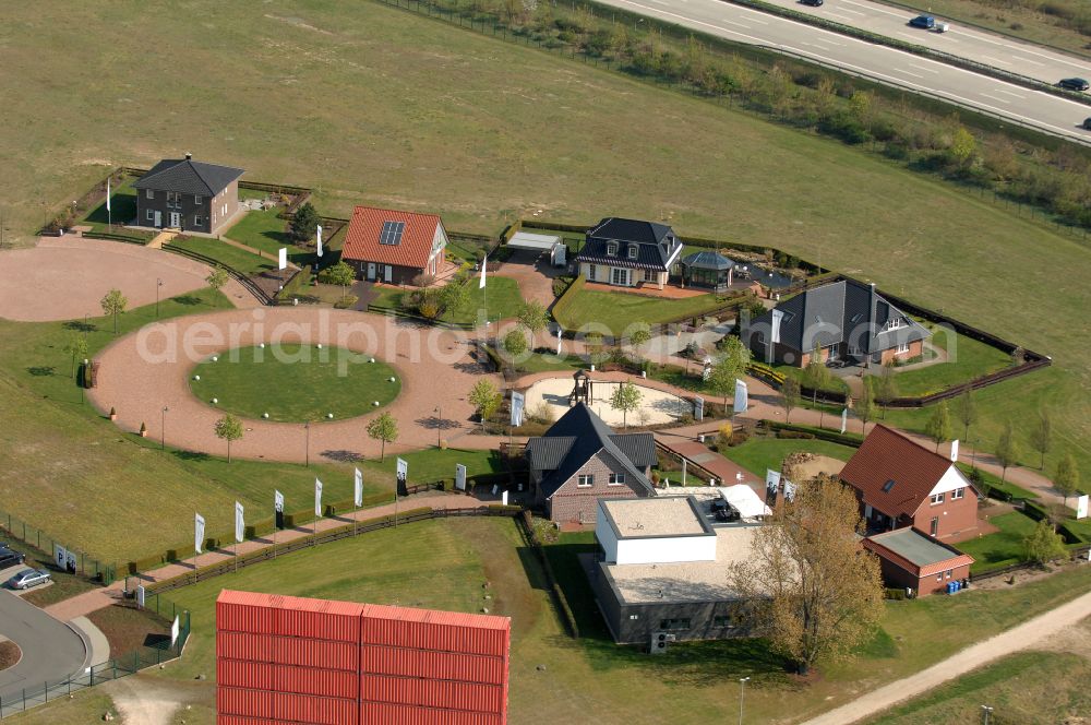 Aerial image Grebs - Residential area model home park- single-family house- settlement on street Am Massivhauspark in Grebs in the state Brandenburg, Germany