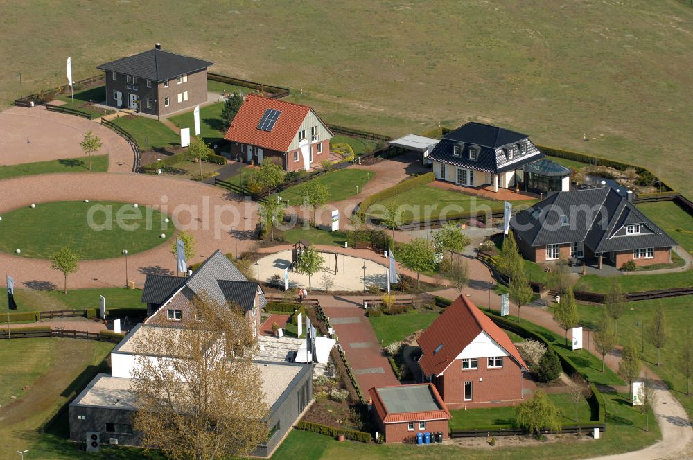 Grebs from above - Residential area model home park- single-family house- settlement on street Am Massivhauspark in Grebs in the state Brandenburg, Germany