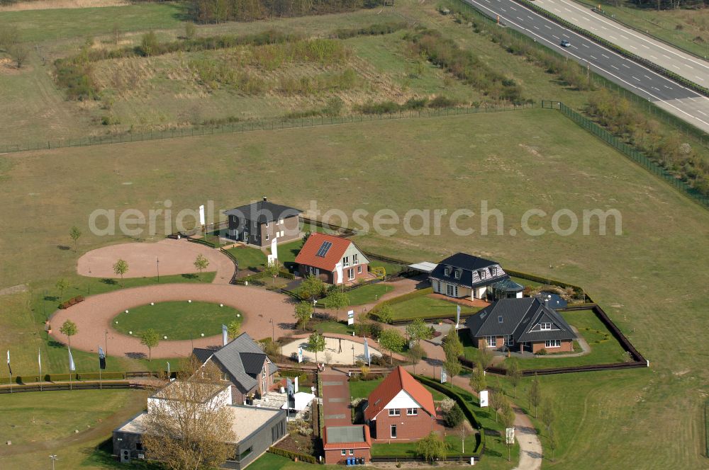 Grebs from the bird's eye view: Residential area model home park- single-family house- settlement on street Am Massivhauspark in Grebs in the state Brandenburg, Germany