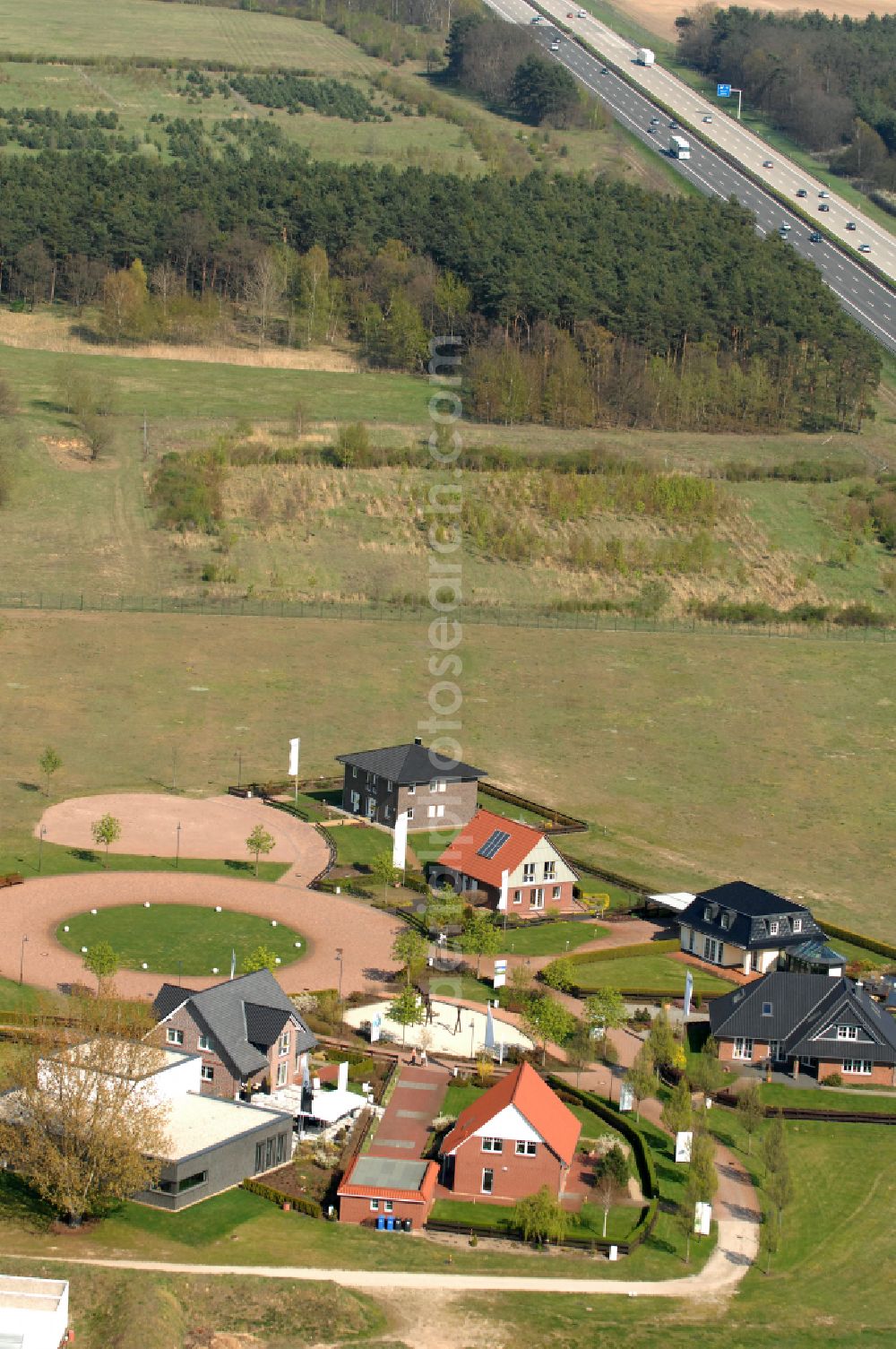 Aerial image Grebs - Residential area model home park- single-family house- settlement on street Am Massivhauspark in Grebs in the state Brandenburg, Germany