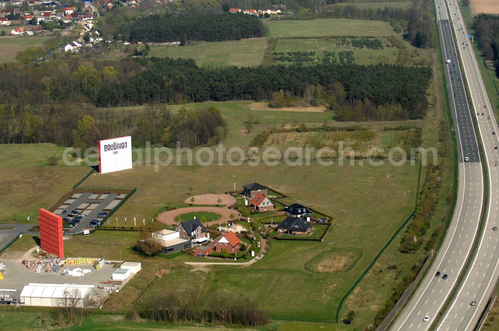 Grebs from the bird's eye view: Residential area model home park- single-family house- settlement on street Am Massivhauspark in Grebs in the state Brandenburg, Germany