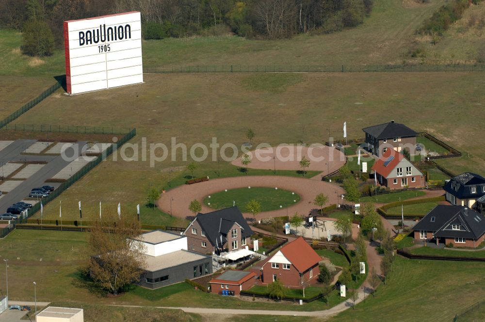 Aerial image Grebs - Residential area model home park- single-family house- settlement on street Am Massivhauspark in Grebs in the state Brandenburg, Germany