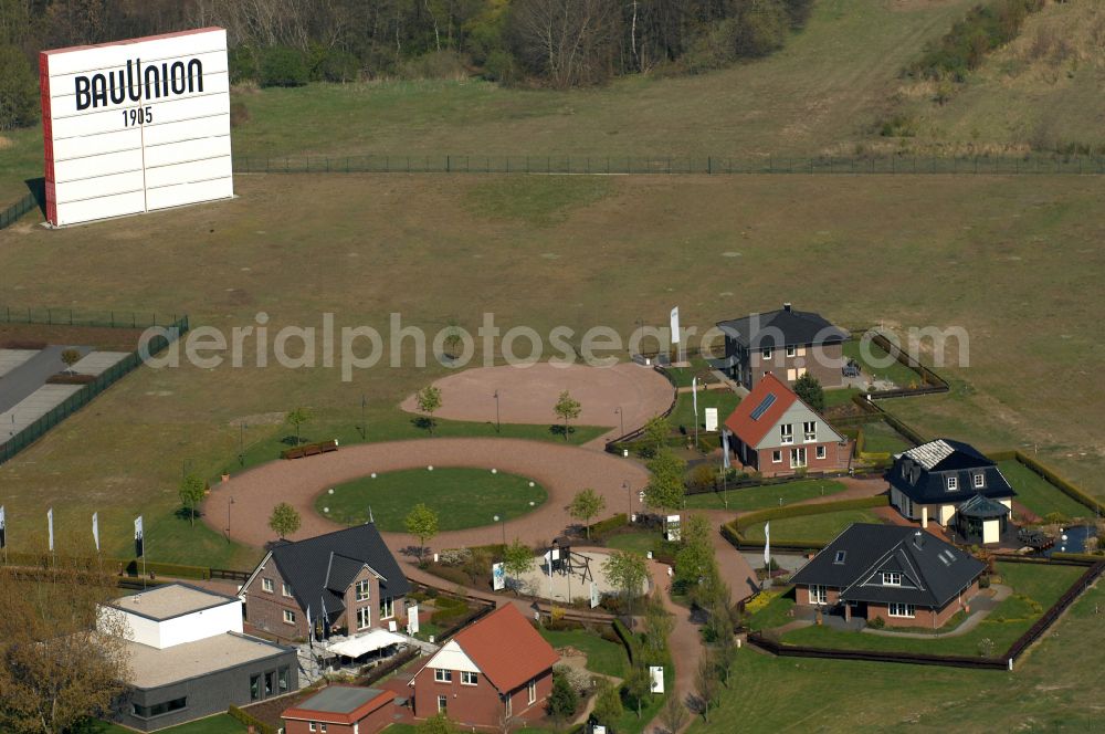 Aerial photograph Grebs - Residential area model home park- single-family house- settlement on street Am Massivhauspark in Grebs in the state Brandenburg, Germany