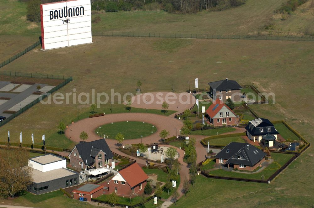 Grebs from above - Residential area model home park- single-family house- settlement on street Am Massivhauspark in Grebs in the state Brandenburg, Germany