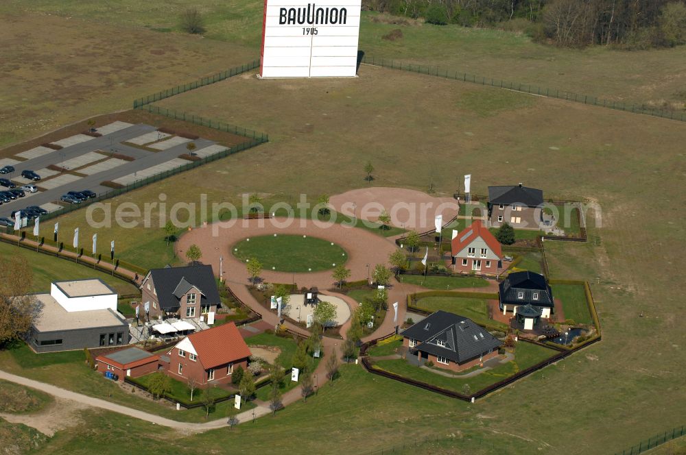 Grebs from the bird's eye view: Residential area model home park- single-family house- settlement on street Am Massivhauspark in Grebs in the state Brandenburg, Germany