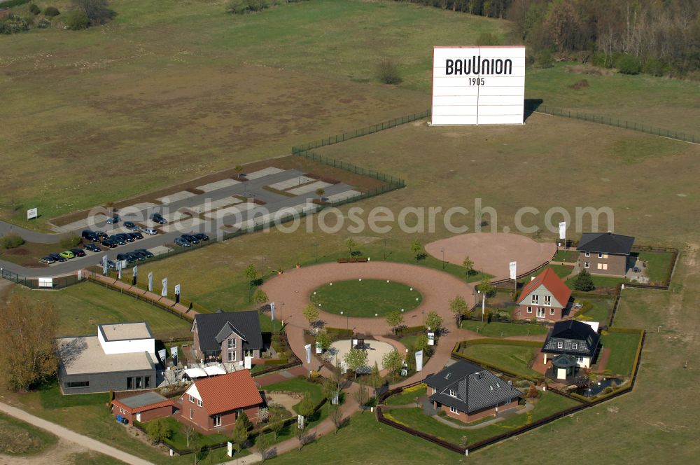 Aerial image Grebs - Residential area model home park- single-family house- settlement on street Am Massivhauspark in Grebs in the state Brandenburg, Germany