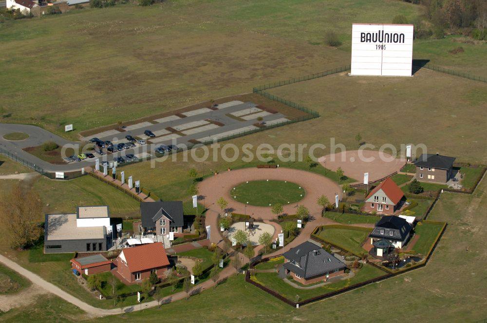 Aerial photograph Grebs - Residential area model home park- single-family house- settlement on street Am Massivhauspark in Grebs in the state Brandenburg, Germany