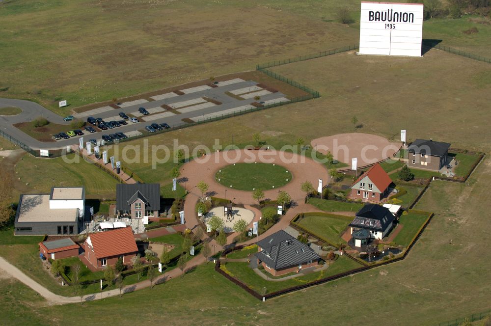 Grebs from above - Residential area model home park- single-family house- settlement on street Am Massivhauspark in Grebs in the state Brandenburg, Germany