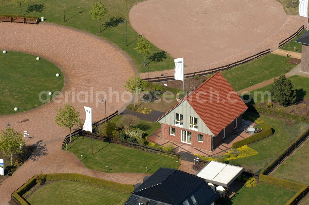 Aerial photograph Grebs - Residential area model home park- single-family house- settlement on street Am Massivhauspark in Grebs in the state Brandenburg, Germany