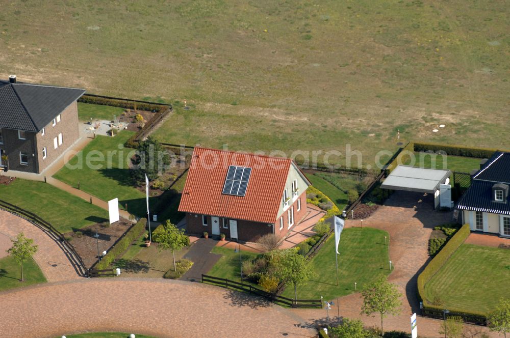 Aerial image Grebs - Residential area model home park- single-family house- settlement on street Am Massivhauspark in Grebs in the state Brandenburg, Germany