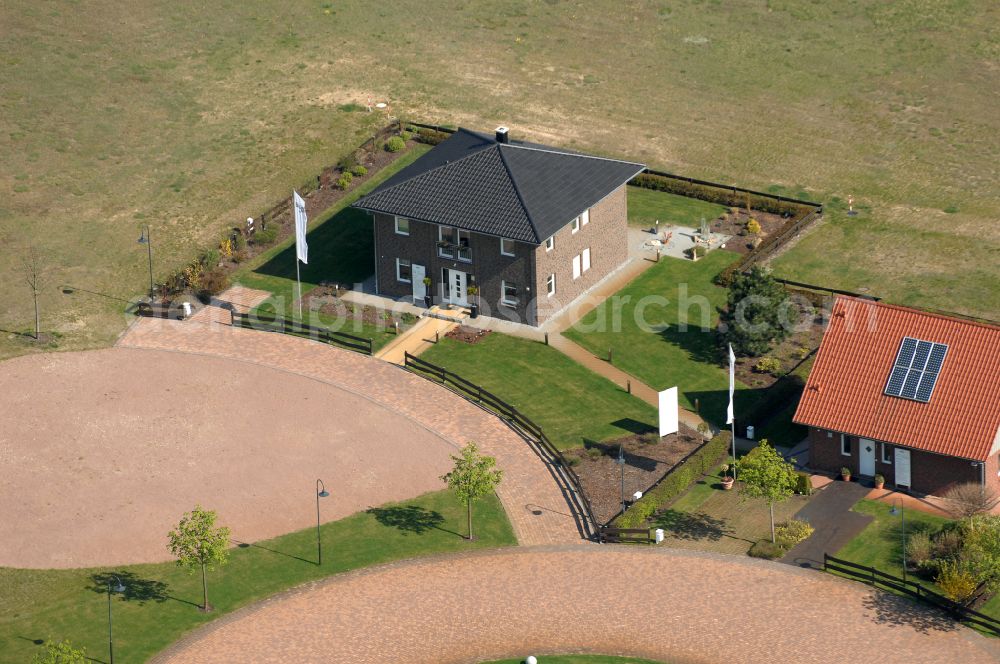 Aerial photograph Grebs - Residential area model home park- single-family house- settlement on street Am Massivhauspark in Grebs in the state Brandenburg, Germany